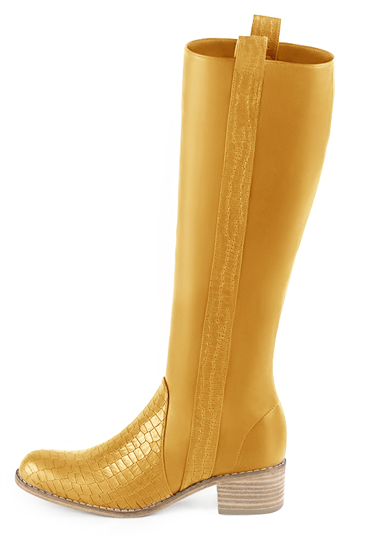 Mustard yellow women's riding knee-high boots. Round toe. Low leather soles. Made to measure. Profile view - Florence KOOIJMAN